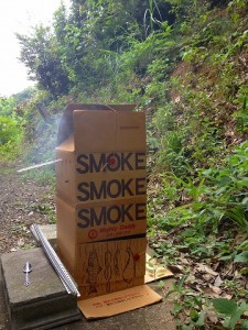 食ったど～♪　燻製！　チーズ、ウインナー、タコ、シシャモ♪